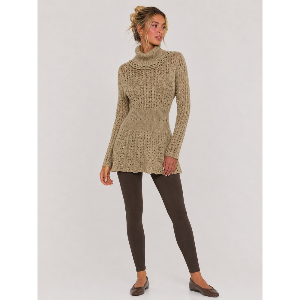 Chaudry K Gold Sequin Open Knit Turtleneck Tunic Sweater L NWT Nw